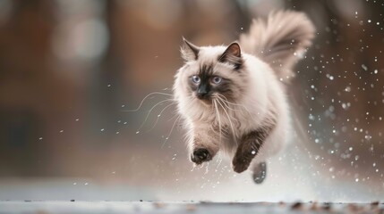 color photo of a mesmerizing Ragdoll cat in mid-jump, water droplets cascading around its long, fluffy fur, capturing the tranquility and grace of this gentle breed