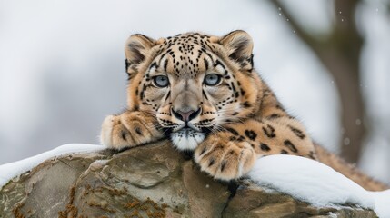 color photo of a playful snow leopard perched on a snow-covered rock, its mesmerizing blue eyes locked on the camera, its spotted fur blending seamlessly with the wintry landscape