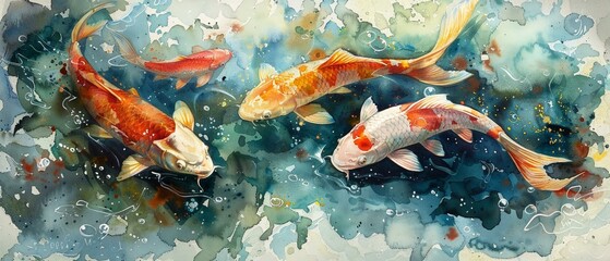 A spectrum of fish, alive in watercolor depths - obrazy, fototapety, plakaty