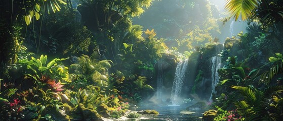A fantastical jungle scene, where flora and fauna weave an enchanted tapestry