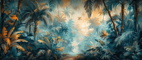 A dreamy jungle tapestry unfurls, palms and wildlife in an enchanted dance - obrazy, fototapety, plakaty