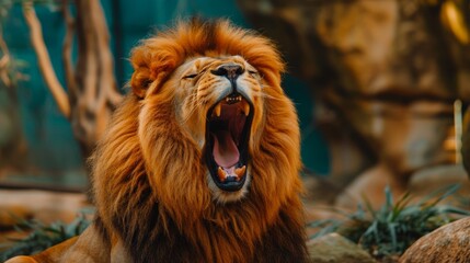 Obraz premium color photo of a powerful roaring lion, its mane bristling and teeth bared, a scene that captures the intensity and predatory prowess of this apex predator, 