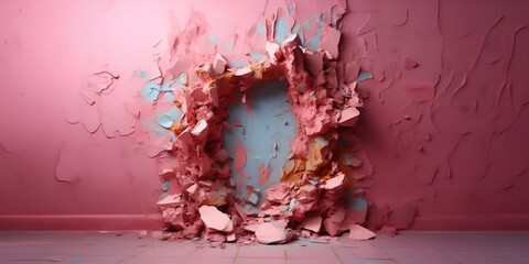 A Surreal Aperture A Window into a Vibrant and Ethereal World Through a Hole in a Pink Wall - obrazy, fototapety, plakaty