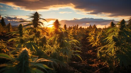 Cannabis marijuana field on sunset - obrazy, fototapety, plakaty