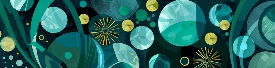 Banner featuring a cerulean green background with abstract geometric blue and gold circles and stars