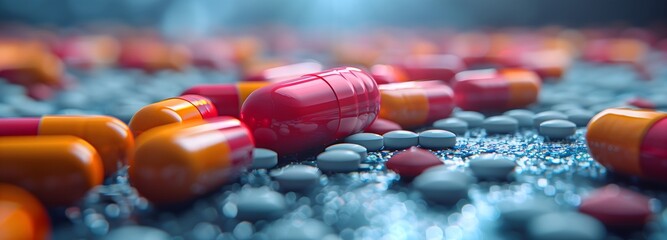 A Close-Up View of Assorted Pills and Capsule Pharmaceutical Landscape, Medicine Banner, backdrop design concept, Cover - obrazy, fototapety, plakaty