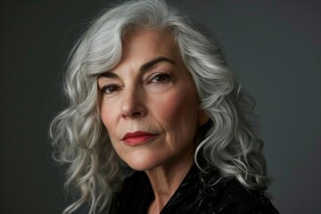 Portrait of a beautiful senior woman with grey hair and red lips
