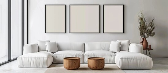 White sofa in focus with two framed pictures hanging on the wall behind it, creating a cozy living room atmosphere