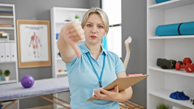 Angry blonde physio therapist shows rejection through thumbs down sign at rehab clinic, showcasing her discontentment with negative report