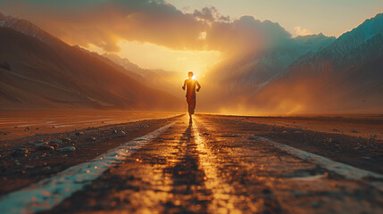 Fototapeta premium A runner journeys alone on a road, silhouetted against a dramatic sunset backdrop in a vast mountainous terrain.