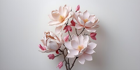 Ethereal Embrace Dance of Two Pink Magnolia Blossoms in a Pristine Winter Wonderland