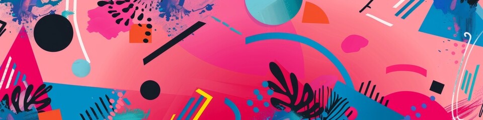 Pink and blue abstract painting featuring various shapes in black, blue, pink, and green against a cerulean pink fuchsia background. Banner.