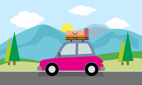 Vacation trip travel car mountain background image vector cartoon illustration