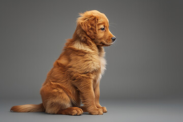 Side view of a contemplative golden retriever puppy sitting against a neutral background.