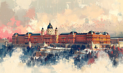 Obraz premium minimalist poster of the grand budapest hotel, white background. Generative Ai