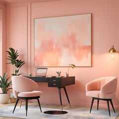 Fototapeta premium Workplace in Peach Fuzz color trend. Painted walls and rich furniture - chairs and table with lamp. Pastel painting background. Large home office 