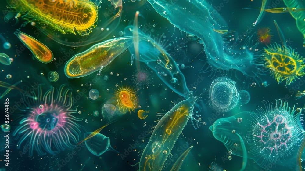 Poster a colorful microscopic image of various types of phytoplankton and zooplankton together showing the 