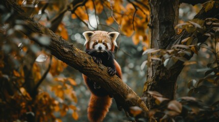 color photo of an adorable red panda, its fluffy reddish-brown fur and masked face exuding an irresistible charm, as it perches on a tree branch, showcasing its agile nature
