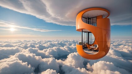 new small apartment, orange color,  literally flying on the clouds, the idea is to convey the apartment is flying over the clouds, curved architecture, inside view - obrazy, fototapety, plakaty