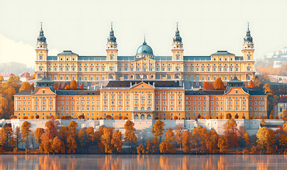 Fototapeta premium minimalist poster of the grand budapest hotel, white background. Generative Ai
