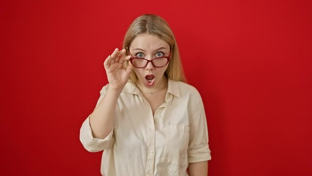 Young blonde woman wearing glasses standing afraid and shocked with surprise and amazed expression, fear and excited face. over isolated red background