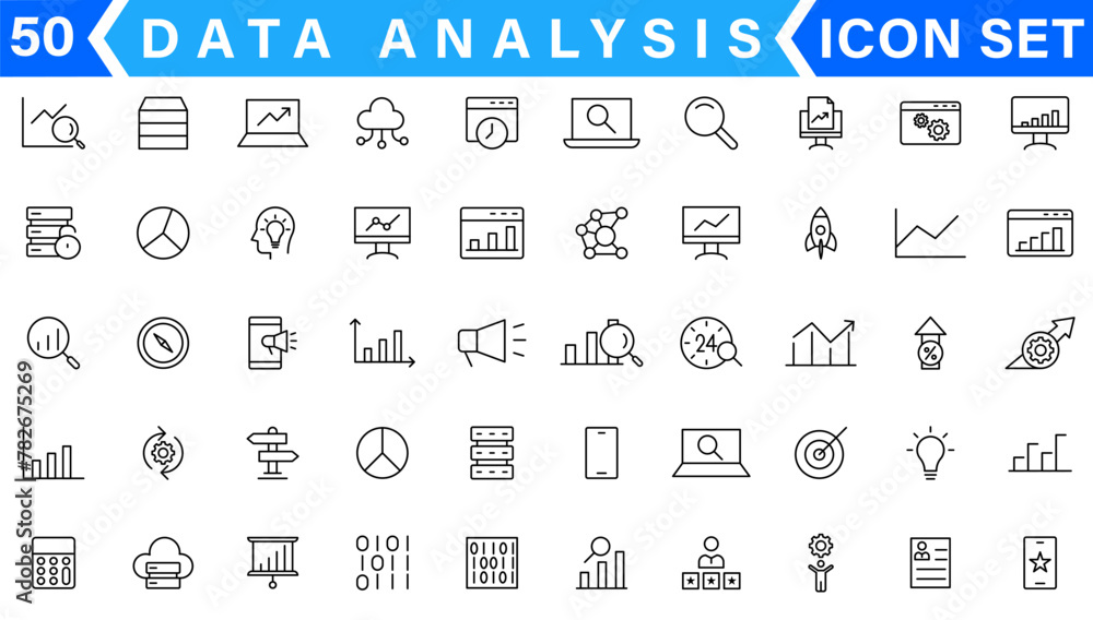 Poster data analysis thin line icon set. data processing outline pictograms for website and mobile app gui.
