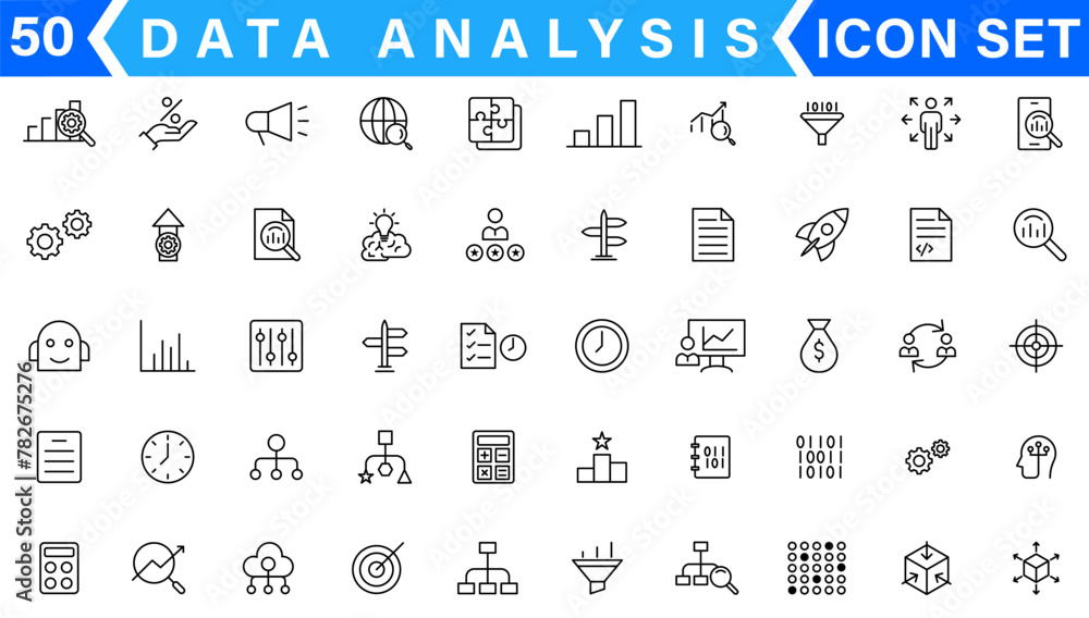 Poster data analysis thin line icon set. data processing outline pictograms for website and mobile app gui.