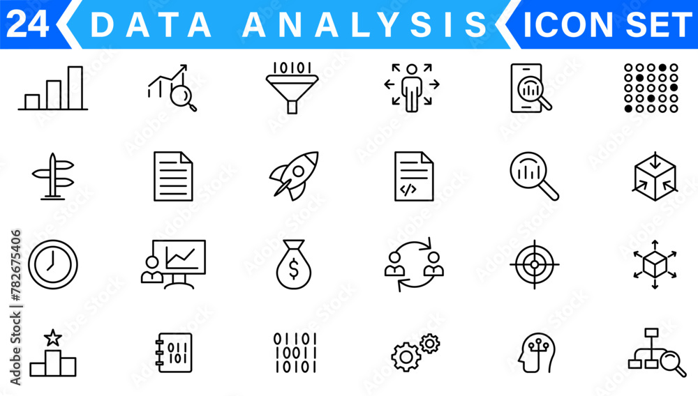 Poster data analysis thin line icon set. data processing outline pictograms for website and mobile app gui.