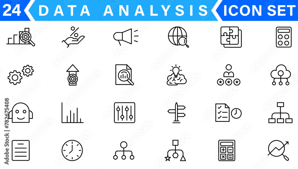 Poster data analysis thin line icon set. data processing outline pictograms for website and mobile app gui.