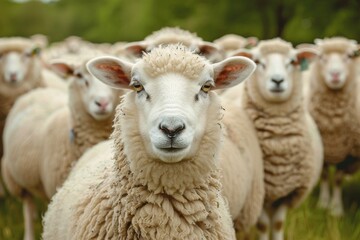 Sheep looking at camera against herd