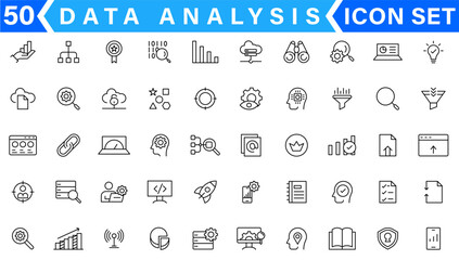 Data analysis line icons set. Analytics, server, mining, data filter, traffic, AI, hosting, monitoring. Statistics and analytics outline icons collection