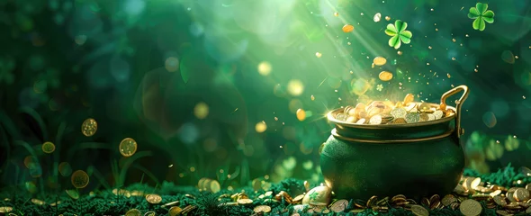 Foto op Canvas St Patrick's Day banner with pot of gold and shamrock leaves on green background, blank space for text or message. Shiny cauldron filled with golden coins, falling clover leaf, traditional Irish celeb © Kien