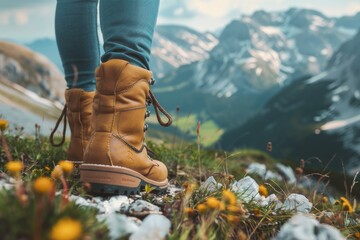 Hiking boots on the edge of a cliff with a mountain view