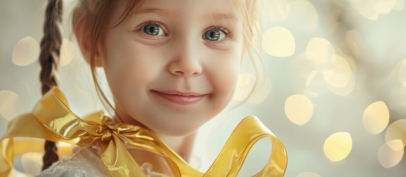 A joyful little girl is smiling brightly while wearing a yellow ribbon in her hair