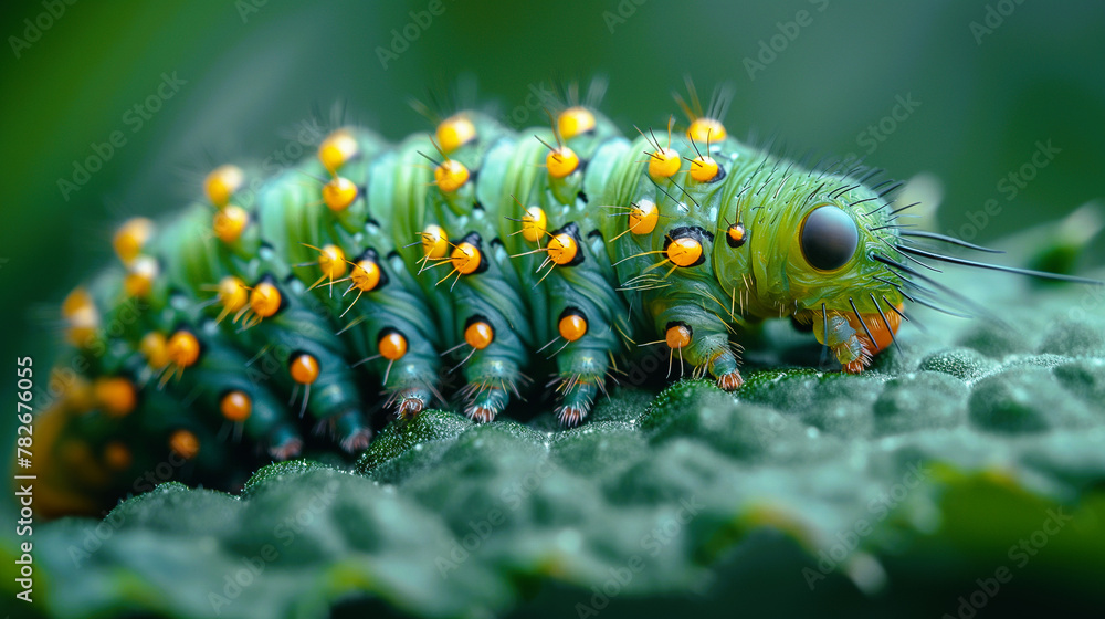 Wall mural closeup of a green caterpillar eating a leaf