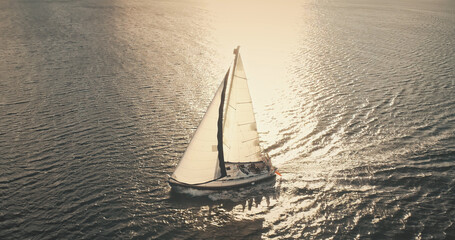 Sailboat at mountain island aerial. Nobody nature seascape. Luxury yacht sailing at open sea....