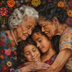 Abuela, mamá y hijas se abrazan en un retrato para el Día de la Madre como una familia feliz