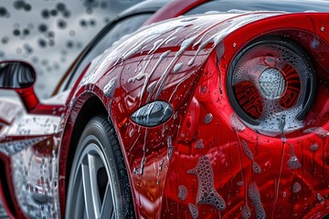 Close-up of a red sports car with soap suds on the bodywork. High-detail automotive photography. Car wash and detailing concept. Design for auto detailing service, car care guide