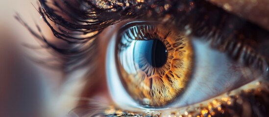 A detailed view of a human eye featuring a unique gold iris color, showcasing intricate textures and fine details - obrazy, fototapety, plakaty
