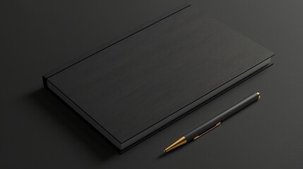 Blank mockup of a professional notepad with a sleek black cover and gold foil accents. .