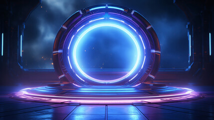3D rendering of sci-fi stretch background with geometric tunnel and neon lines, 3d rendering concept illustration
