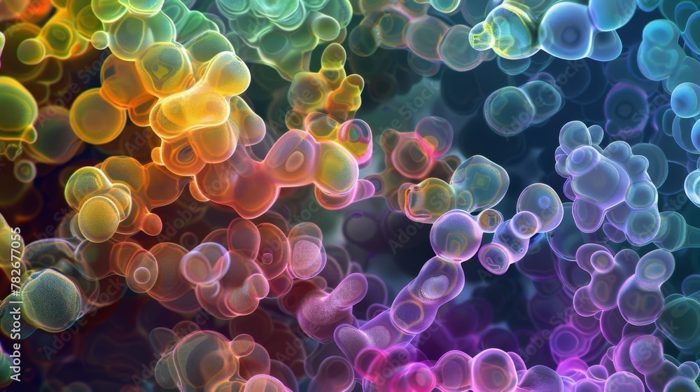 Poster a microscopic view of a colony of amoebas exhibiting a diverse range of colors and shapes as they mo