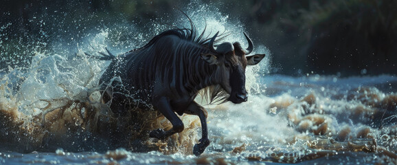 A group of wildebeest run through the river in their typical way, splashing water and creating big waves on its path - obrazy, fototapety, plakaty