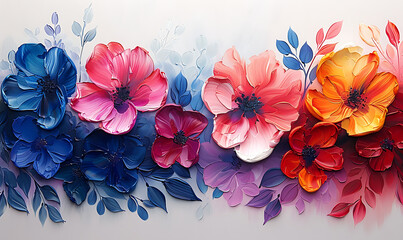 Oil paintings of abstract flowers and leaves. Sprinkled paint on smooth paper. Generative Ai