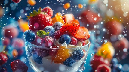 Levitating exotic fruits around a yogurt galaxy, healthy cosmos