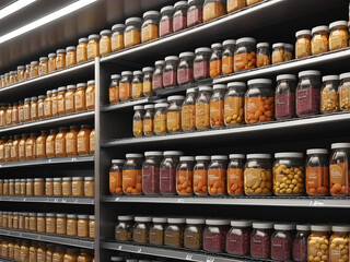 Lot of jars with vitamin supplements on a shelf in a supermarket - generated by ai