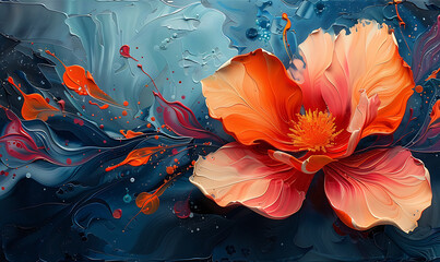 Oil paintings of abstract flowers and leaves. Sprinkled paint on smooth paper. Generative Ai - obrazy, fototapety, plakaty