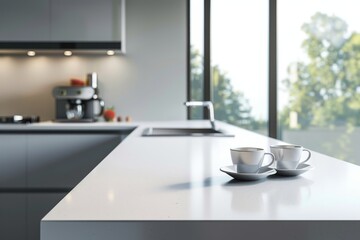 Two coffee cups on reflective kitchen countertop.