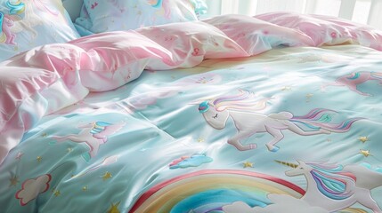 Enchanting Bedspread The bedspread is adorned with a holographic pattern of unicorns and rainbows adding a touch of fantasy to the room. As the light hits the bed the holographic elements .