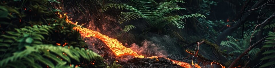 A fire rages intensely in the middle of a dense forest, engulfing trees and undergrowth in flames, lava flow through forest. Banner.
